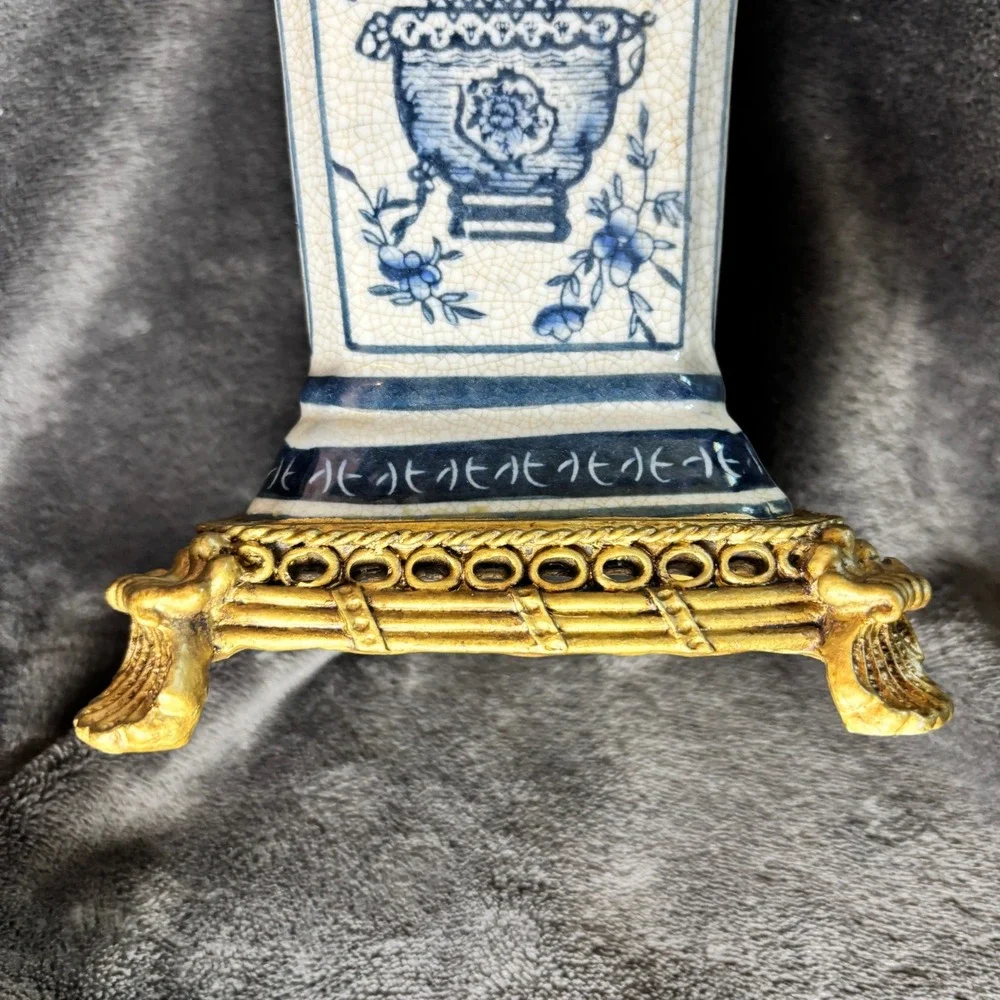 Vtg Look Victorian Continental Blue and White Vase Hollywood Gold Trim